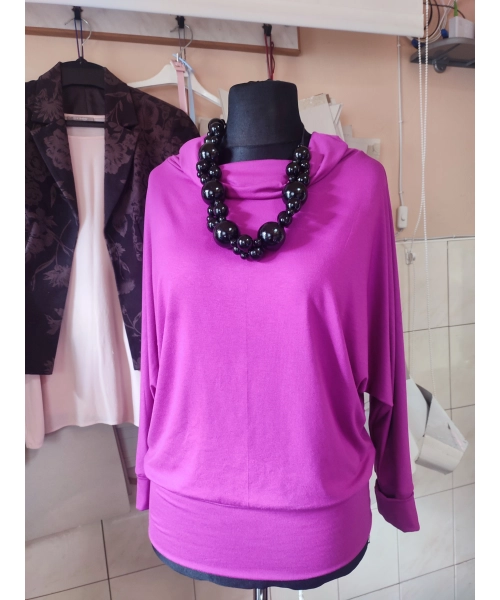 Jesienna bluzka KIMONO ze ściągaczami i z golfem - fuksja